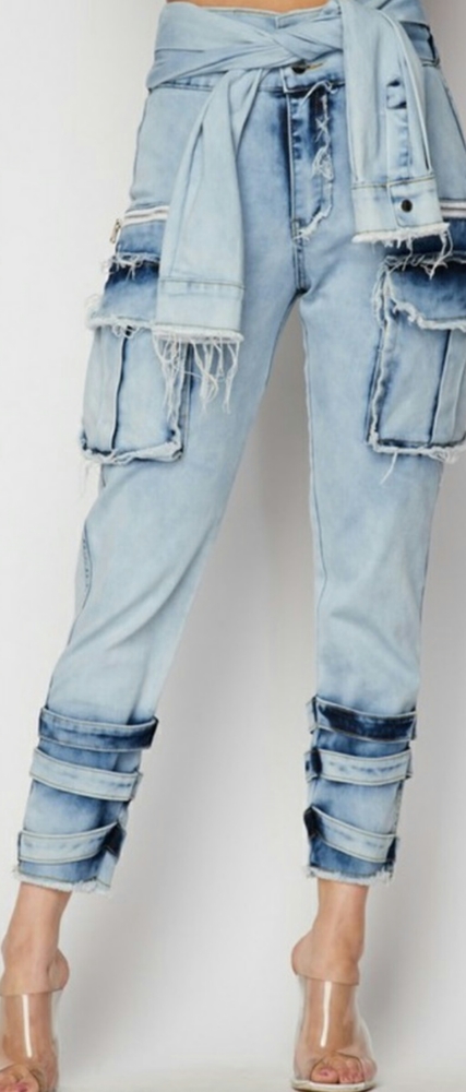 Unique Sleeve Tie Denim- Washed jeans